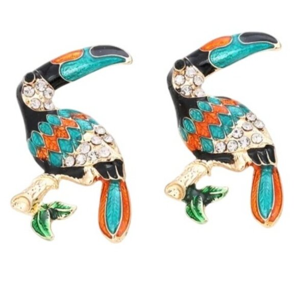 2/$24 Toucan Bird Crystal & Enamel Stud Earrings Gold-Tone Vibrant Multicolor - Picture 1 of 8
